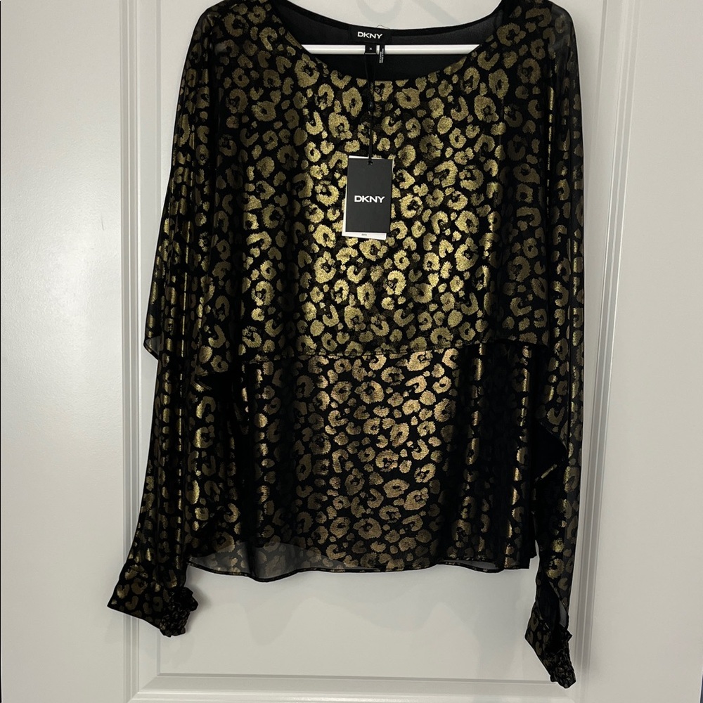 DKNY Black Blouse with Metallic Gold Leopard Print
